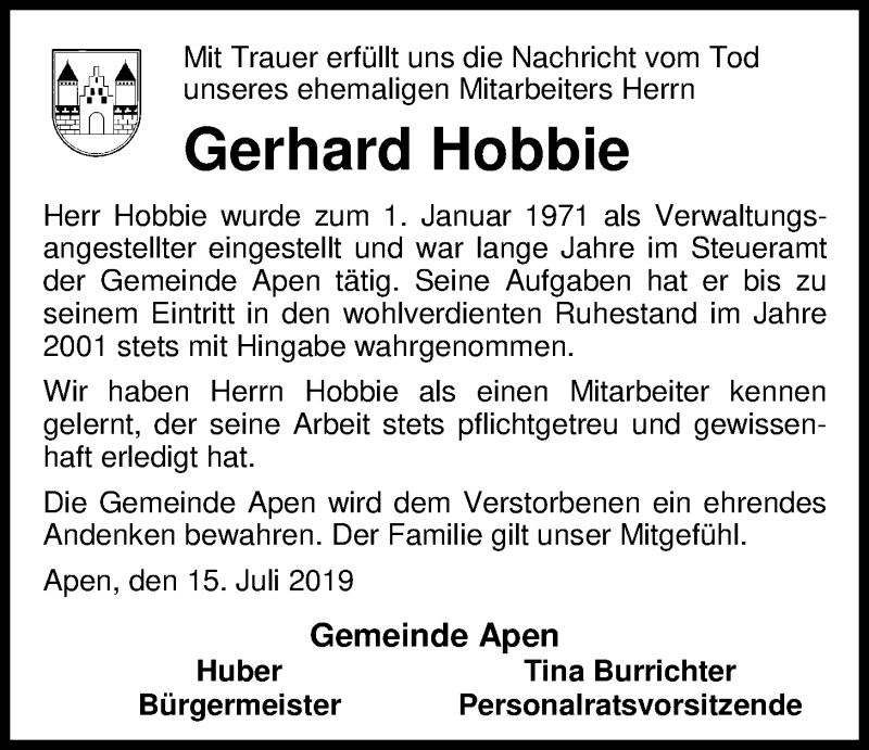  Traueranzeige für Gerhard Hobbie vom 16.07.2019 aus Nordwest-Zeitung