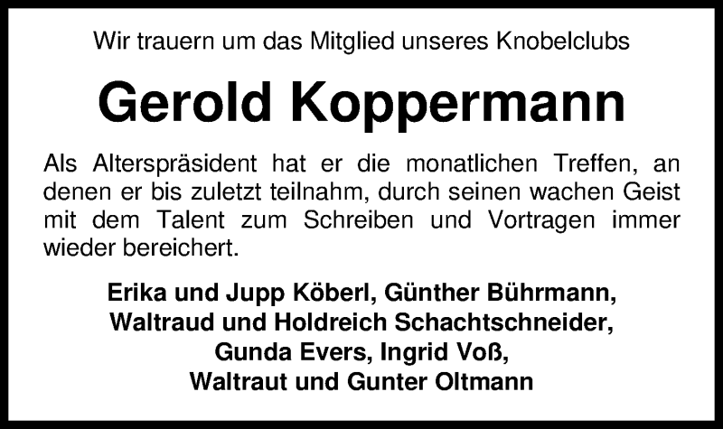  Traueranzeige für Gerold Koppermann vom 27.07.2019 aus Nordwest-Zeitung