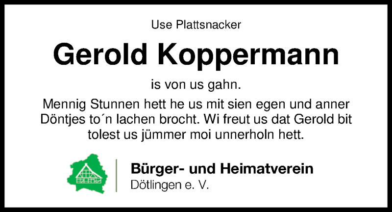  Traueranzeige für Gerold Koppermann vom 27.07.2019 aus Nordwest-Zeitung