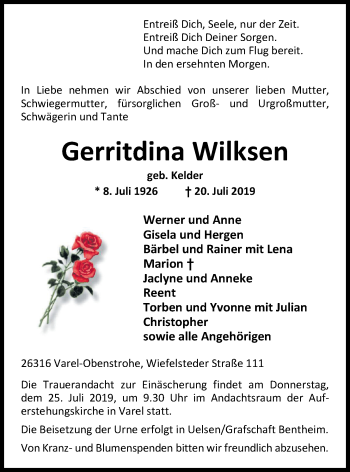 Traueranzeige von Gerritdina Wilksen von Nordwest-Zeitung