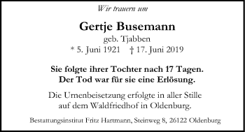 Traueranzeige von Gertje Busemann von Nordwest-Zeitung