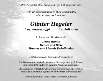 Traueranzeige von Günter Hegeler von Nordwest-Zeitung