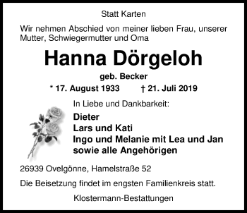 Traueranzeige von Hanna Dörgeloh von Nordwest-Zeitung