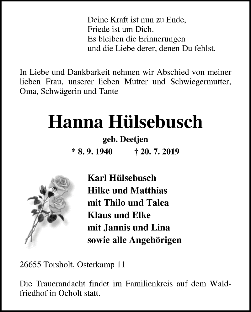  Traueranzeige für Hanna Hülsebusch vom 23.07.2019 aus Nordwest-Zeitung