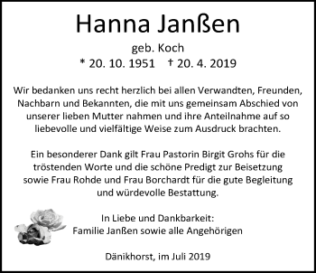 Traueranzeige von Hanna Janßen von Nordwest-Zeitung