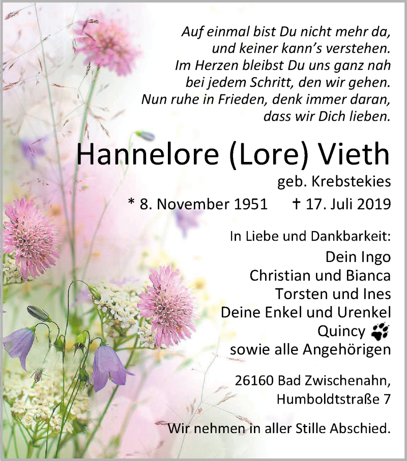  Traueranzeige für Hannelore (Lore) Vieth vom 23.07.2019 aus Nordwest-Zeitung