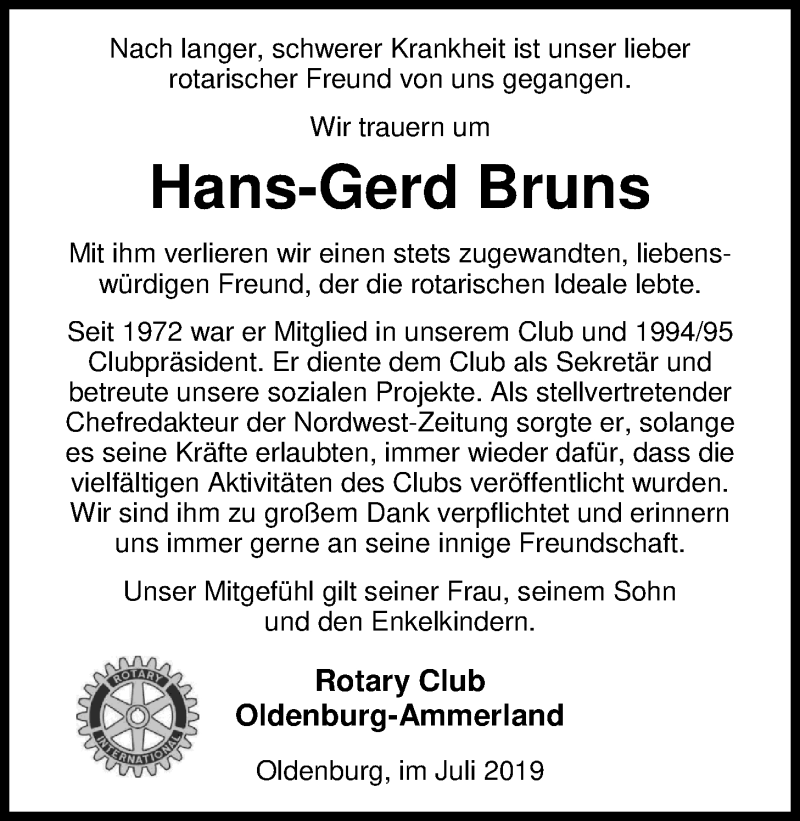  Traueranzeige für Hans-Gerd Bruns vom 25.07.2019 aus Nordwest-Zeitung