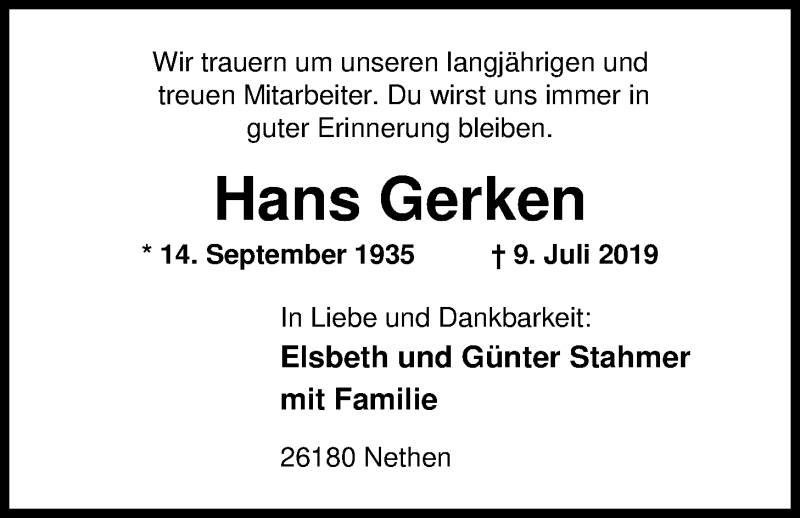  Traueranzeige für Hans Gerken vom 13.07.2019 aus Nordwest-Zeitung