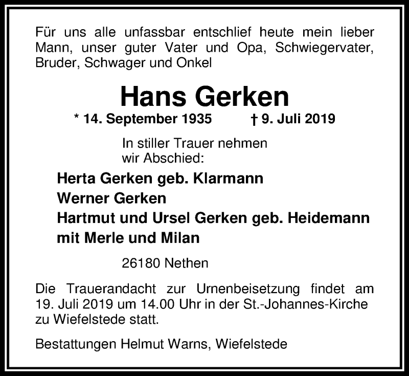  Traueranzeige für Hans Gerken vom 12.07.2019 aus Nordwest-Zeitung