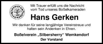 Traueranzeige von Hans Gerken von Nordwest-Zeitung