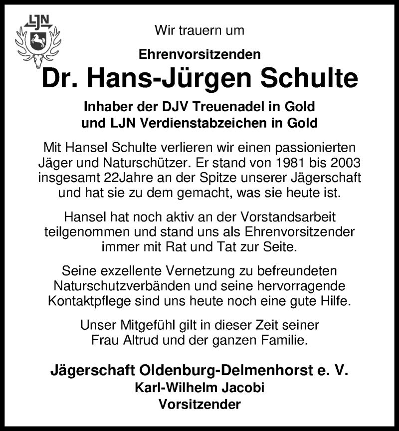  Traueranzeige für Dr. Hans-Jürgen Schulte vom 27.07.2019 aus Nordwest-Zeitung