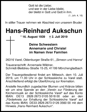 Traueranzeige von Hans-Reinhard Aukschun von Nordwest-Zeitung
