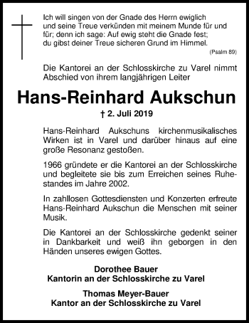 Traueranzeige von Hans-Reinhard Aukschun von Nordwest-Zeitung