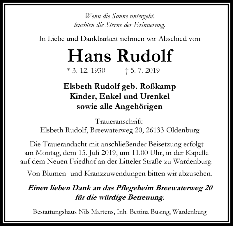  Traueranzeige für Hans Rudolf vom 10.07.2019 aus Nordwest-Zeitung