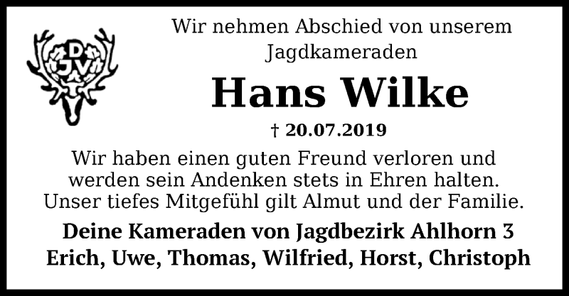  Traueranzeige für Hans Wilke vom 23.07.2019 aus Nordwest-Zeitung