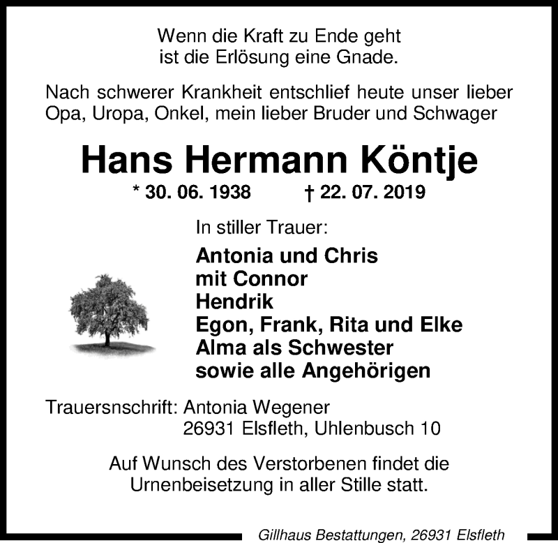  Traueranzeige für Hans-Hermann Köntje vom 25.07.2019 aus Nordwest-Zeitung
