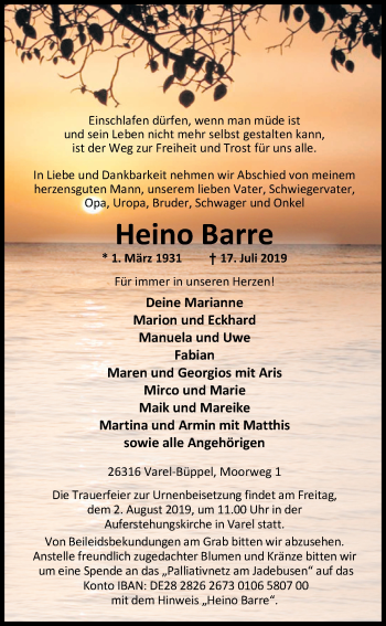 Traueranzeige von Heino Barre von Nordwest-Zeitung