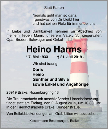Traueranzeige von Heino Harms von Nordwest-Zeitung