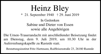 Traueranzeige von Heinz Bley von Nordwest-Zeitung