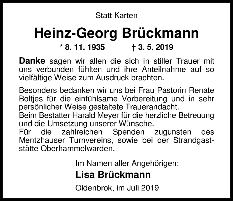  Traueranzeige für Heinz-Georg Brückmann vom 05.07.2019 aus Nordwest-Zeitung