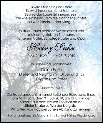 Traueranzeige von Heinz Suhr von Nordwest-Zeitung