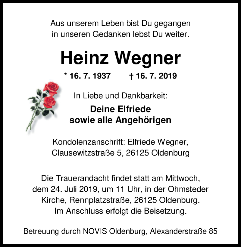  Traueranzeige für Heinz Wegner vom 19.07.2019 aus Nordwest-Zeitung