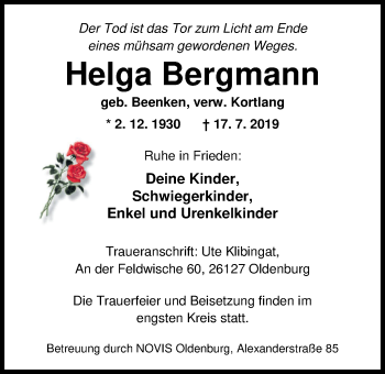 Traueranzeige von Helga Bergmann von Nordwest-Zeitung