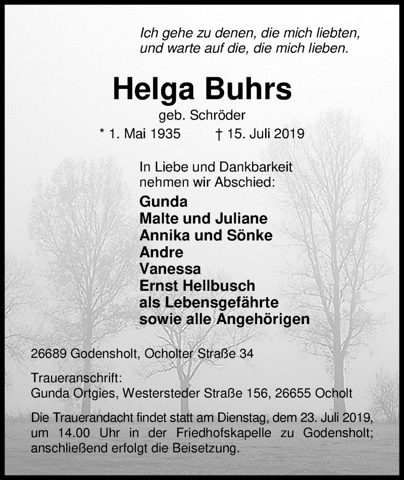  Traueranzeige für Helga Buhrs vom 18.07.2019 aus Nordwest-Zeitung