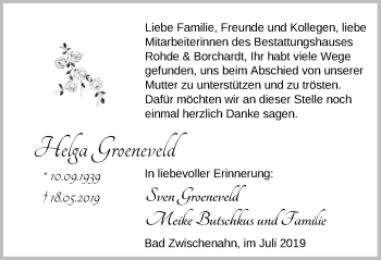 Traueranzeige von Helga Groeneveld von Nordwest-Zeitung