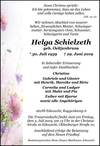 Traueranzeige von Helga Schielzeth von Nordwest-Zeitung