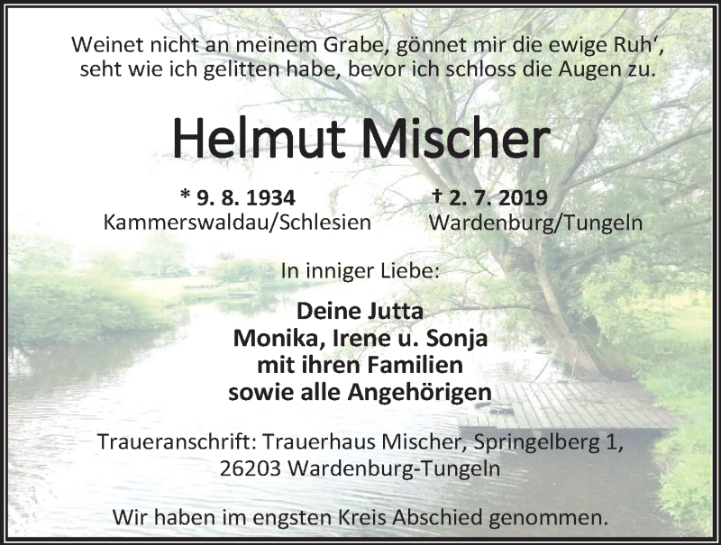  Traueranzeige für Helmut Mischer vom 12.07.2019 aus Nordwest-Zeitung