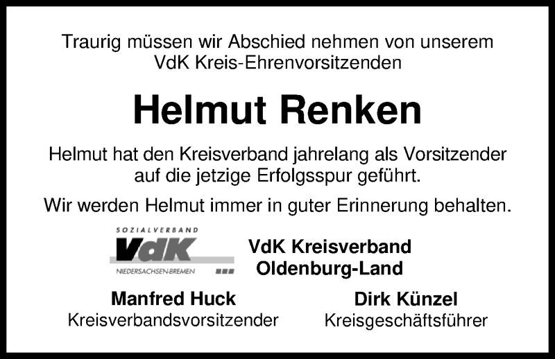  Traueranzeige für Helmut Renken vom 27.07.2019 aus Nordwest-Zeitung