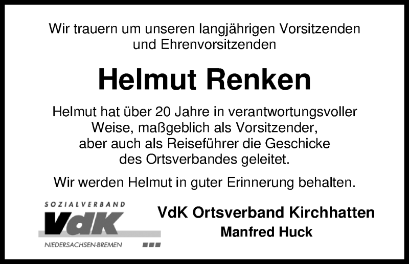  Traueranzeige für Helmut Renken vom 27.07.2019 aus Nordwest-Zeitung