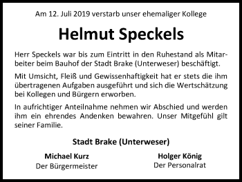 Traueranzeige von Helmut Speckels von Nordwest-Zeitung
