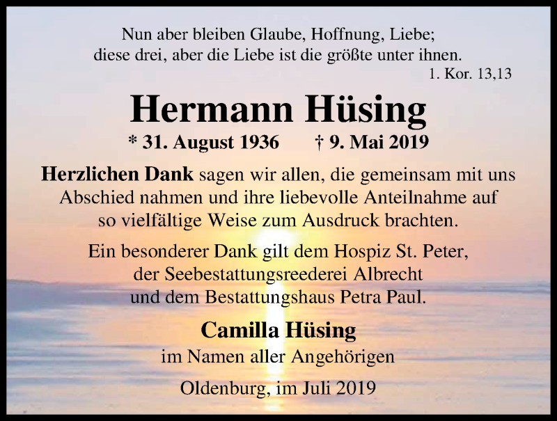  Traueranzeige für Hermann Hüsing vom 12.07.2019 aus Nordwest-Zeitung