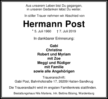 Traueranzeige von Hermann Post von Nordwest-Zeitung
