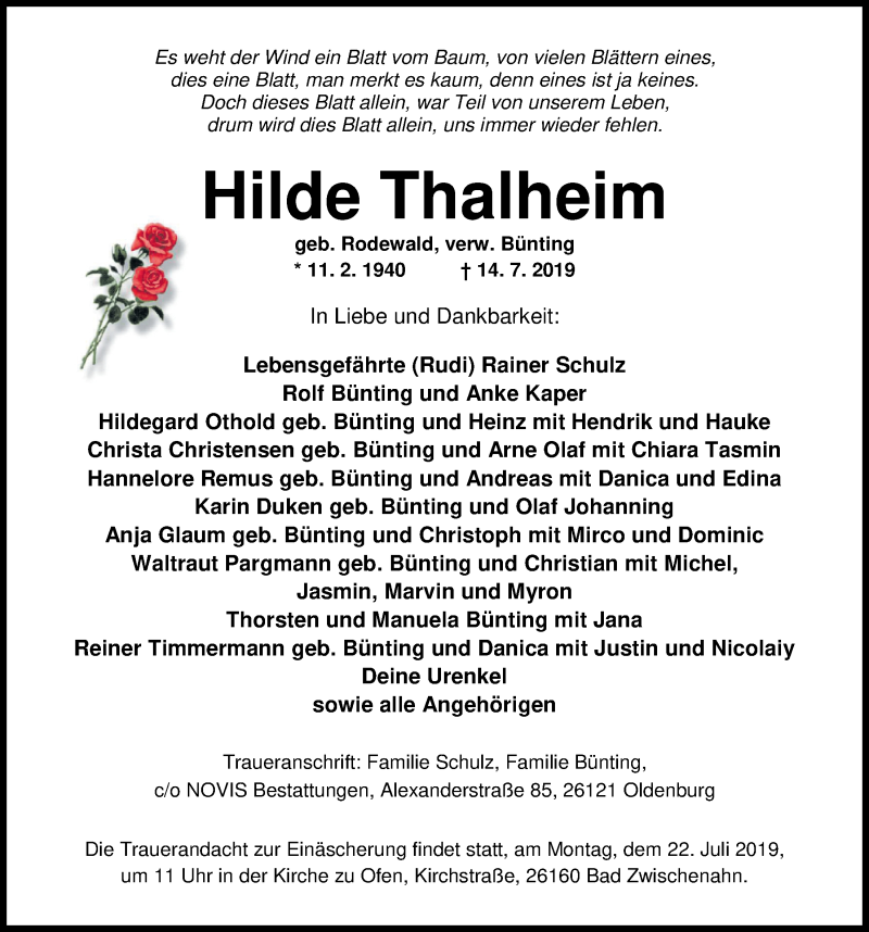  Traueranzeige für Hilde Thalheim vom 17.07.2019 aus Nordwest-Zeitung