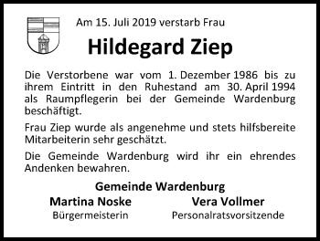 Traueranzeige von Hildegard Ziep von Nordwest-Zeitung