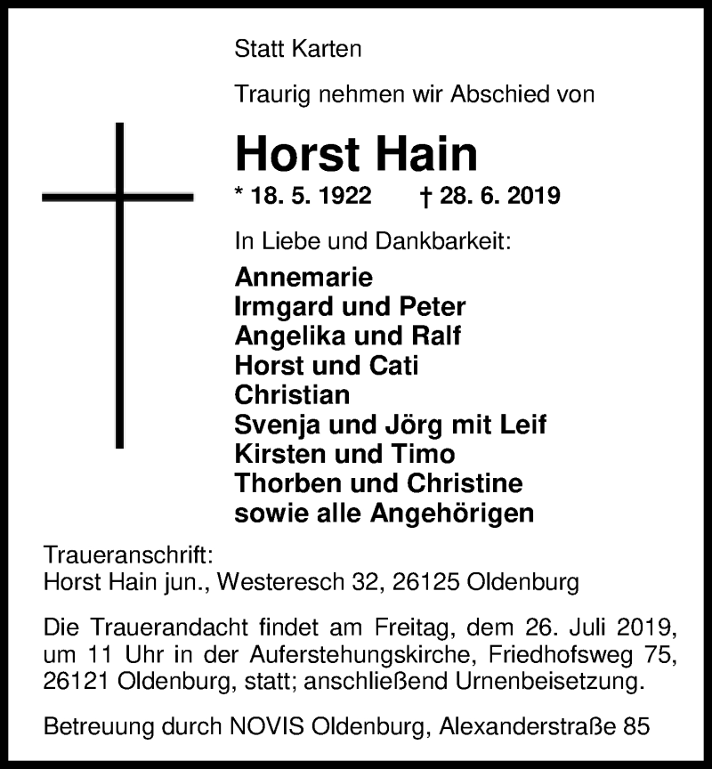  Traueranzeige für Horst Hain vom 06.07.2019 aus Nordwest-Zeitung