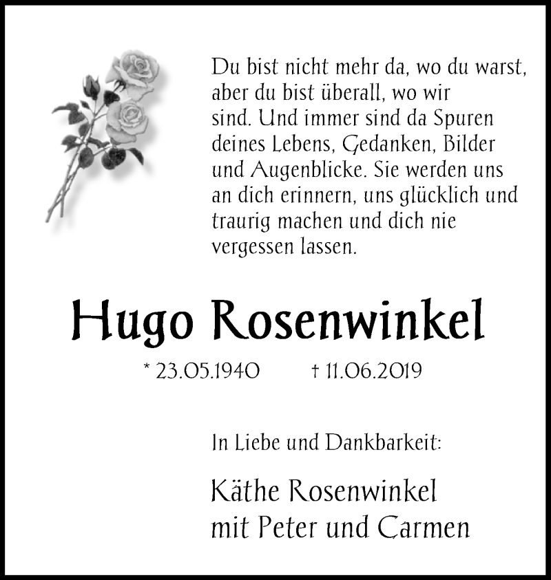  Traueranzeige für Hugo Rosenwinkel vom 06.07.2019 aus Nordwest-Zeitung