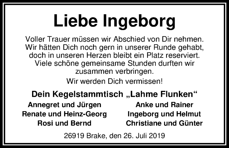  Traueranzeige für Ingeborg Meyer vom 29.07.2019 aus Nordwest-Zeitung