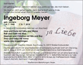 Traueranzeige von Ingeborg Meyer von Nordwest-Zeitung