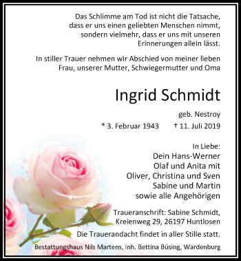 Traueranzeige von Ingrid Schmidt von Nordwest-Zeitung