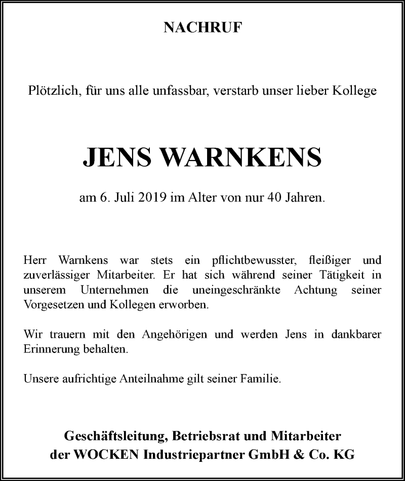  Traueranzeige für Jens Warnkens vom 12.07.2019 aus Nordwest-Zeitung