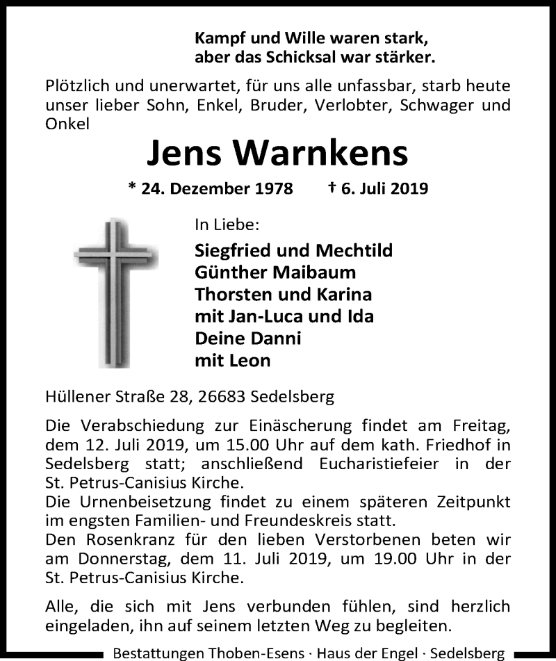  Traueranzeige für Jens Warnkens vom 10.07.2019 aus Nordwest-Zeitung