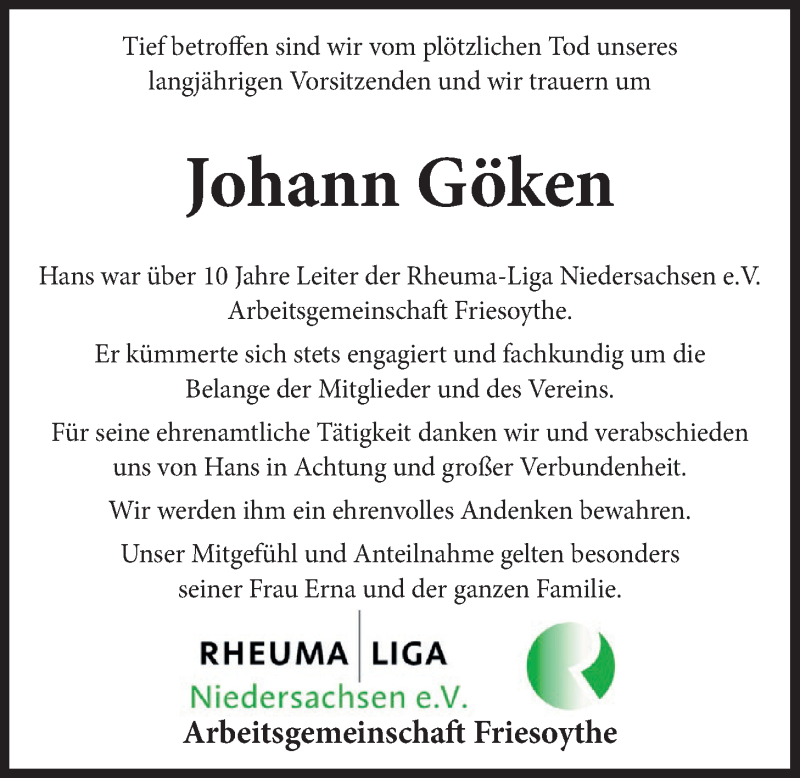  Traueranzeige für Johann Göken vom 13.07.2019 aus Nordwest-Zeitung