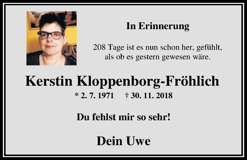  Traueranzeige für Kerstin Kloppenborg-Fröhlich vom 02.07.2019 aus Nordwest-Zeitung