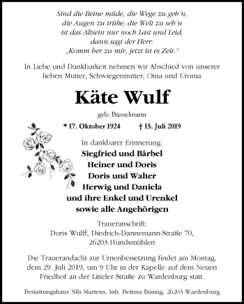 Traueranzeige von Käte Wulf von Nordwest-Zeitung