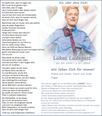 Traueranzeige von Lukas Ladegast von Nordwest-Zeitung