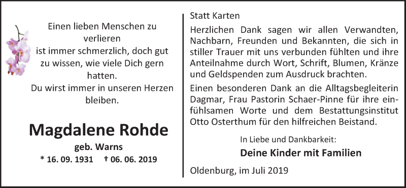  Traueranzeige für Magdalene Rohde vom 20.07.2019 aus Nordwest-Zeitung